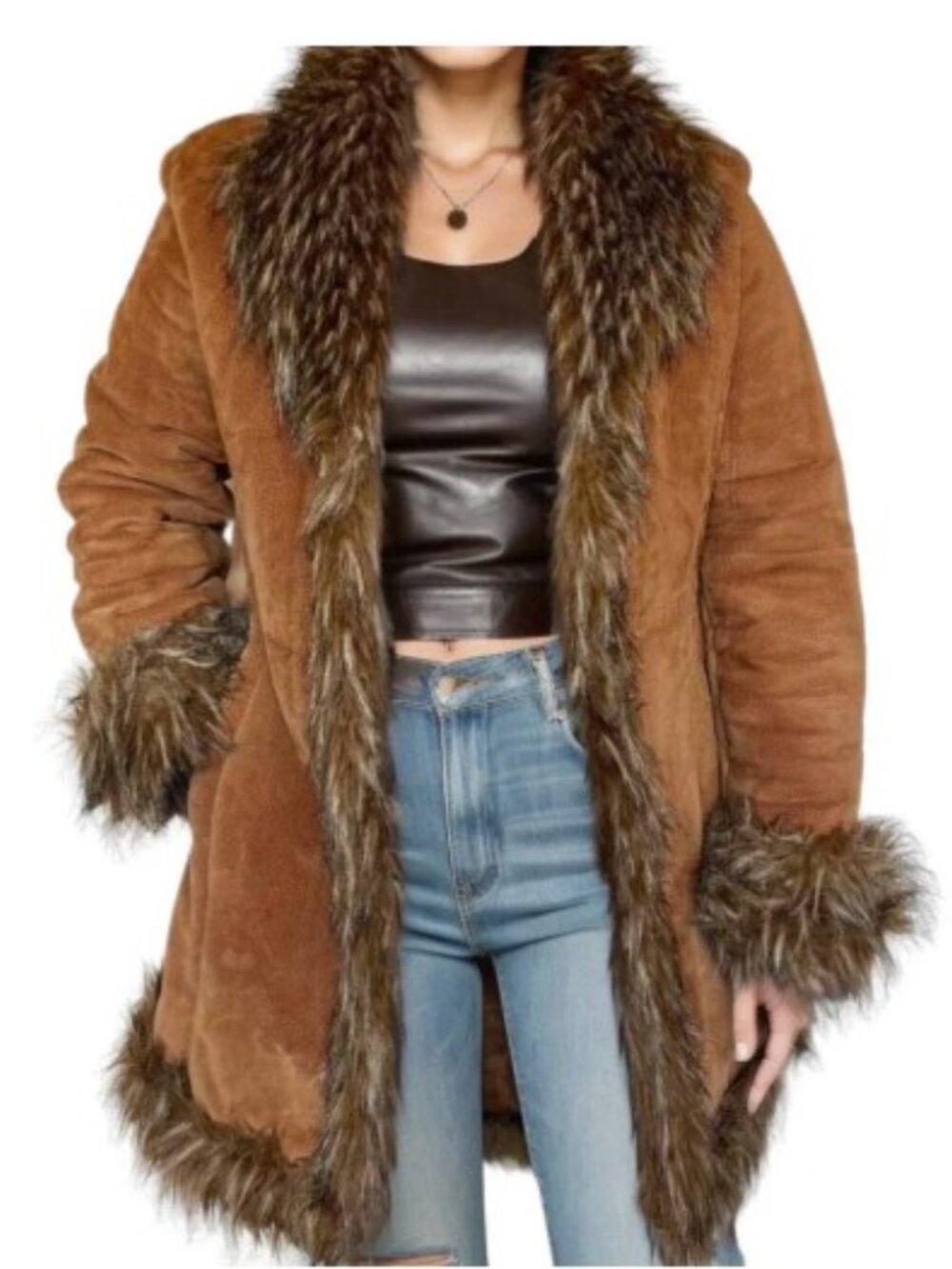 VTG Y2K Wilsons Leather Pelle Studio Suede Faux Fur Trim Boho Penny Lane Coat XL